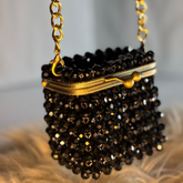 Black Gloss Beaded Clutch with Ornate Gold Frame & Chain