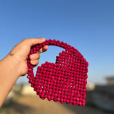 Handcrafted Deep Red Beaded Heart-Shaped Bagc