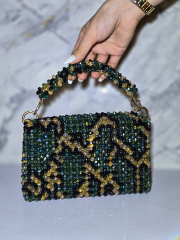 Emerald Green & Gold Hand-Beaded Top Handle Bag – Statement Sparkle