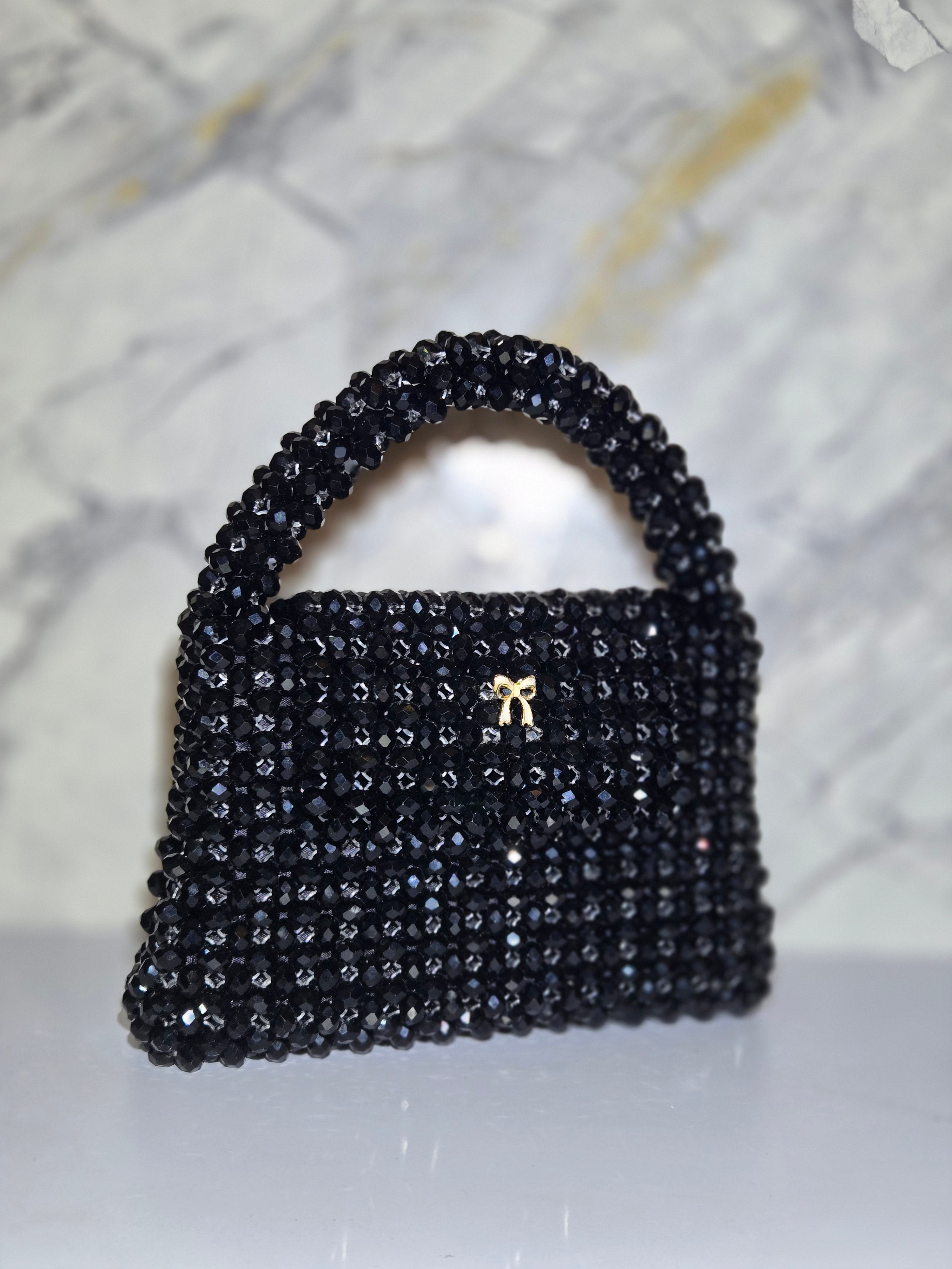 Crystal Beaded Mini Handbag Set – Black & Clear Elegance Combo