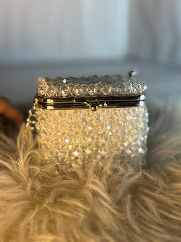 Luxury Crystal Beaded Box Clutch – Gold with Ruby Accents