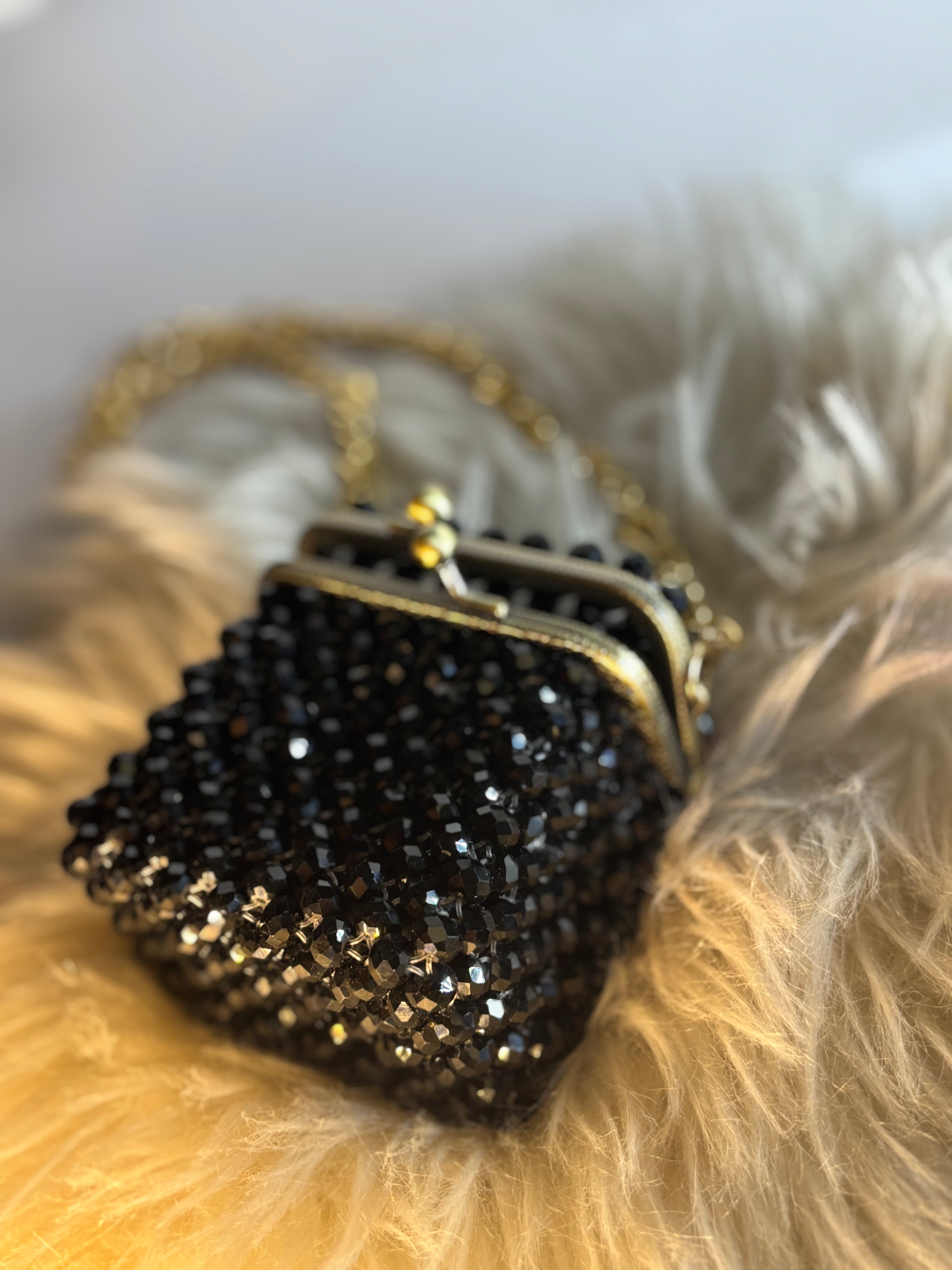 Black Gloss Beaded Clutch with Ornate Gold Frame & Chain