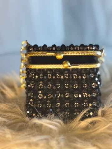 Black Gloss Beaded Clutch with Ornate Gold Frame & Chain