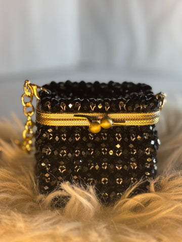 Black Gloss Beaded Clutch with Ornate Gold Frame & Chain