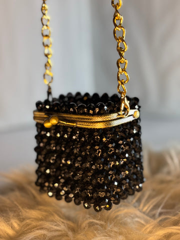 Black Gloss Beaded Clutch with Ornate Gold Frame & Chain