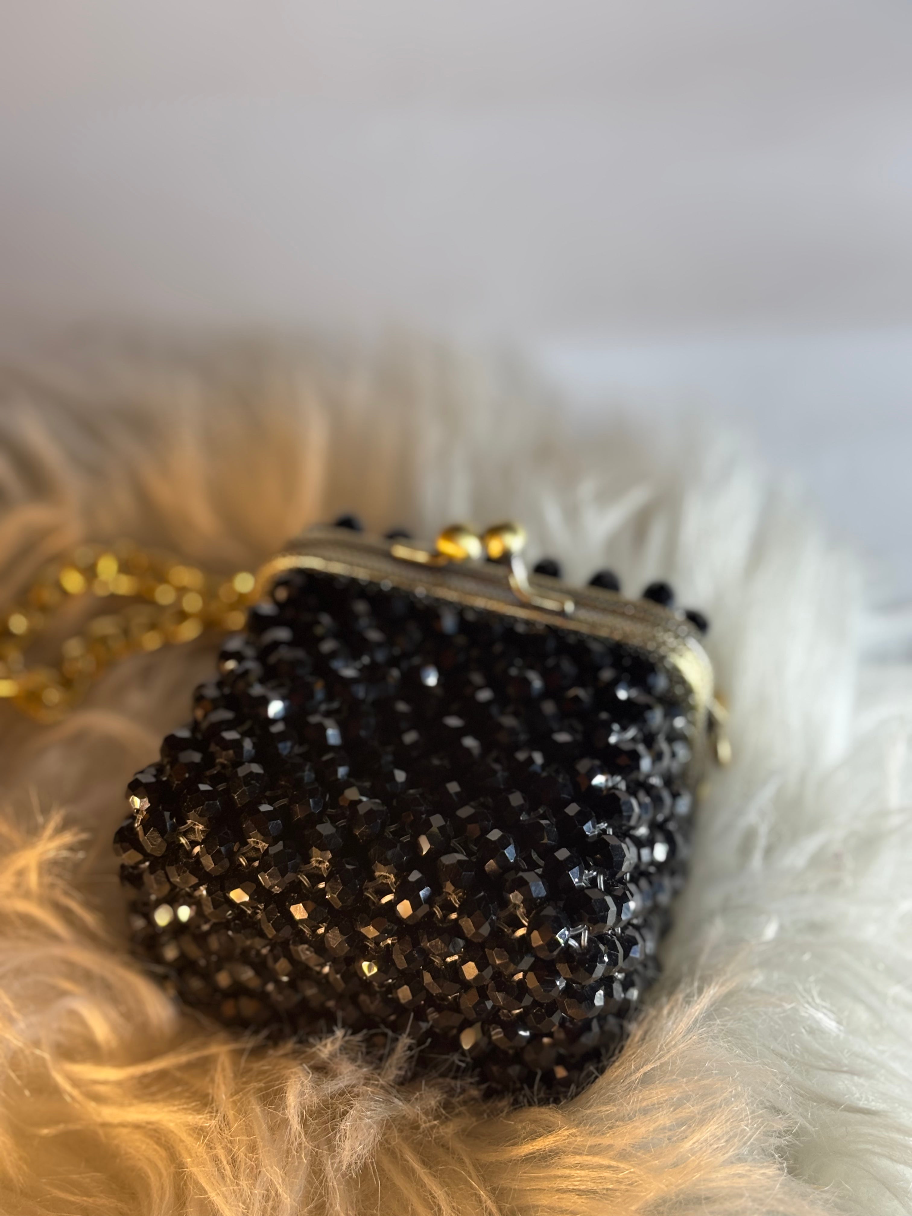 Black Gloss Beaded Clutch with Ornate Gold Frame & Chain