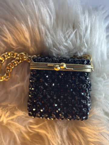 Black Gloss Beaded Clutch with Ornate Gold Frame & Chain