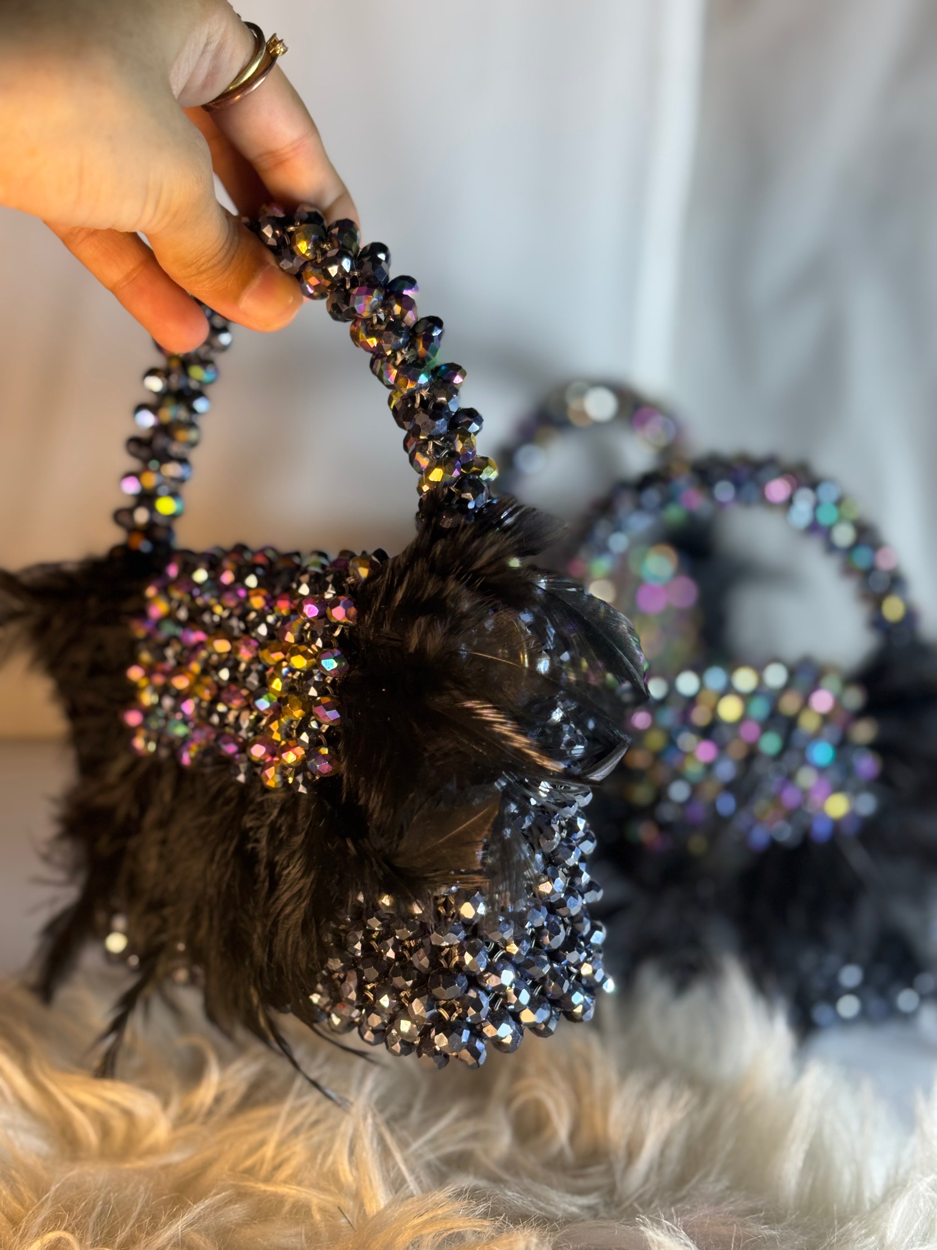 Black Crystal Beaded Feather Embellished Party Bag – Glam Statement Piece
