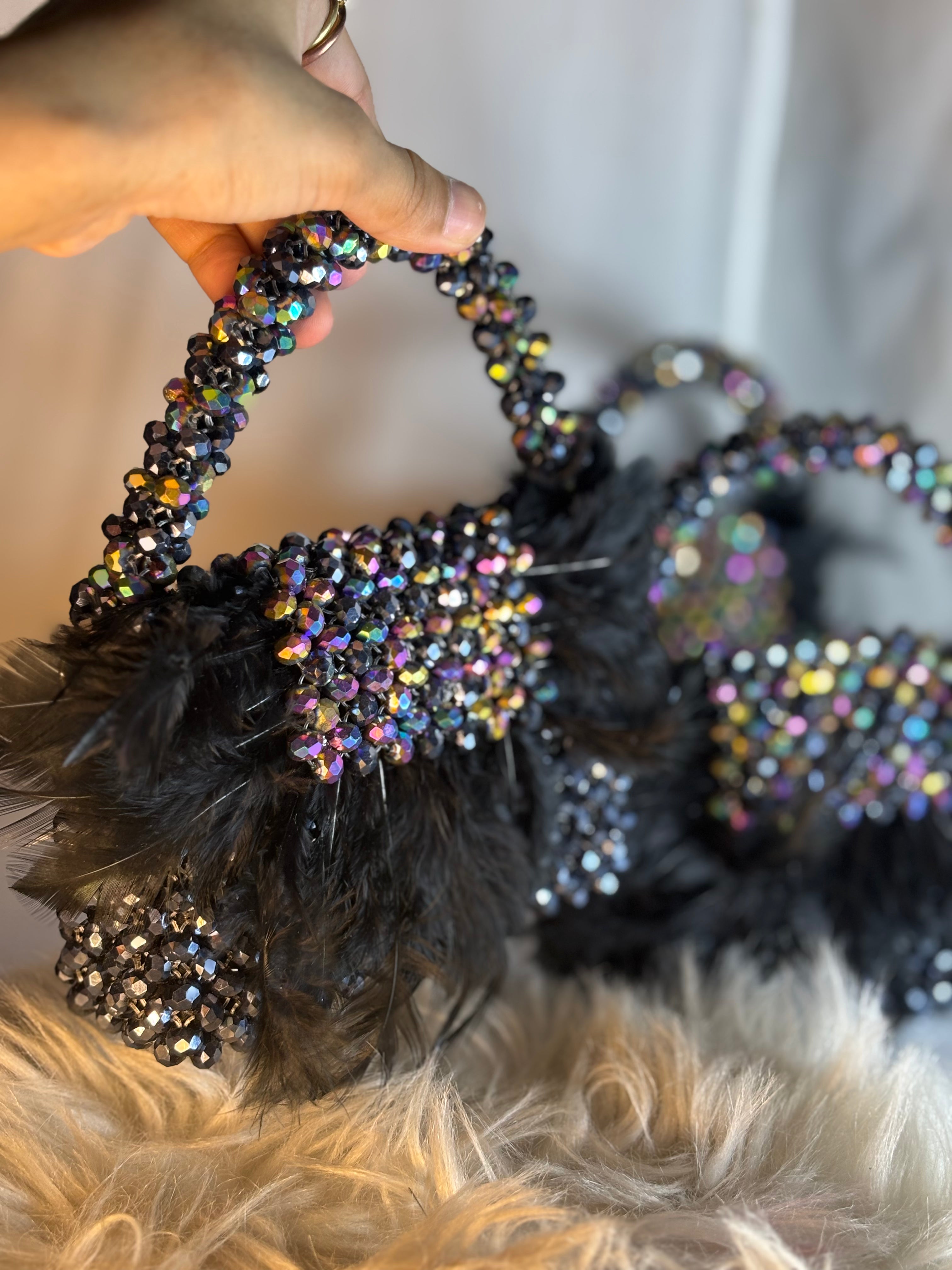 Black Crystal Beaded Feather Embellished Party Bag – Glam Statement Piece