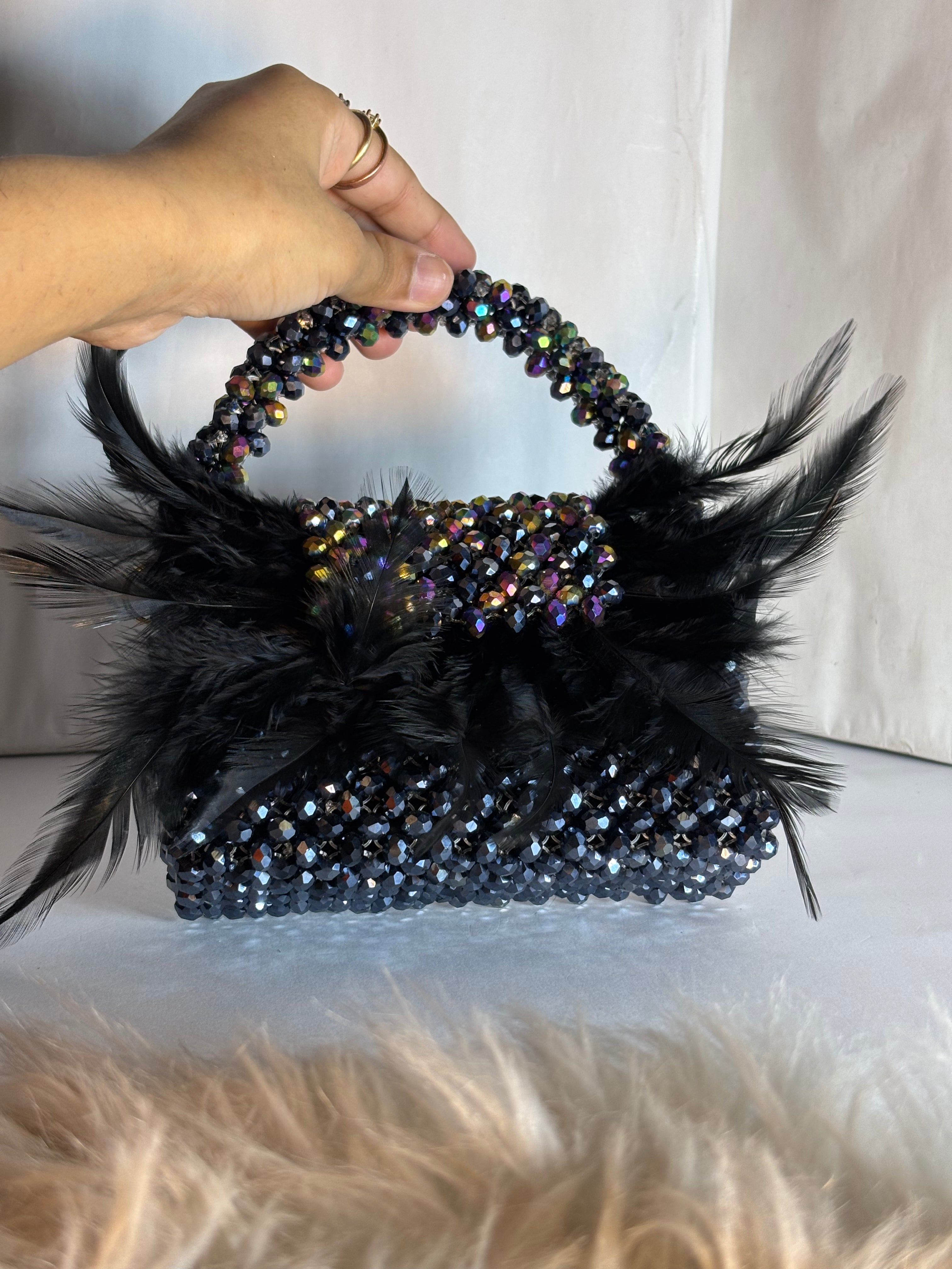 Black Crystal Beaded Feather Embellished Party Bag – Glam Statement Piece