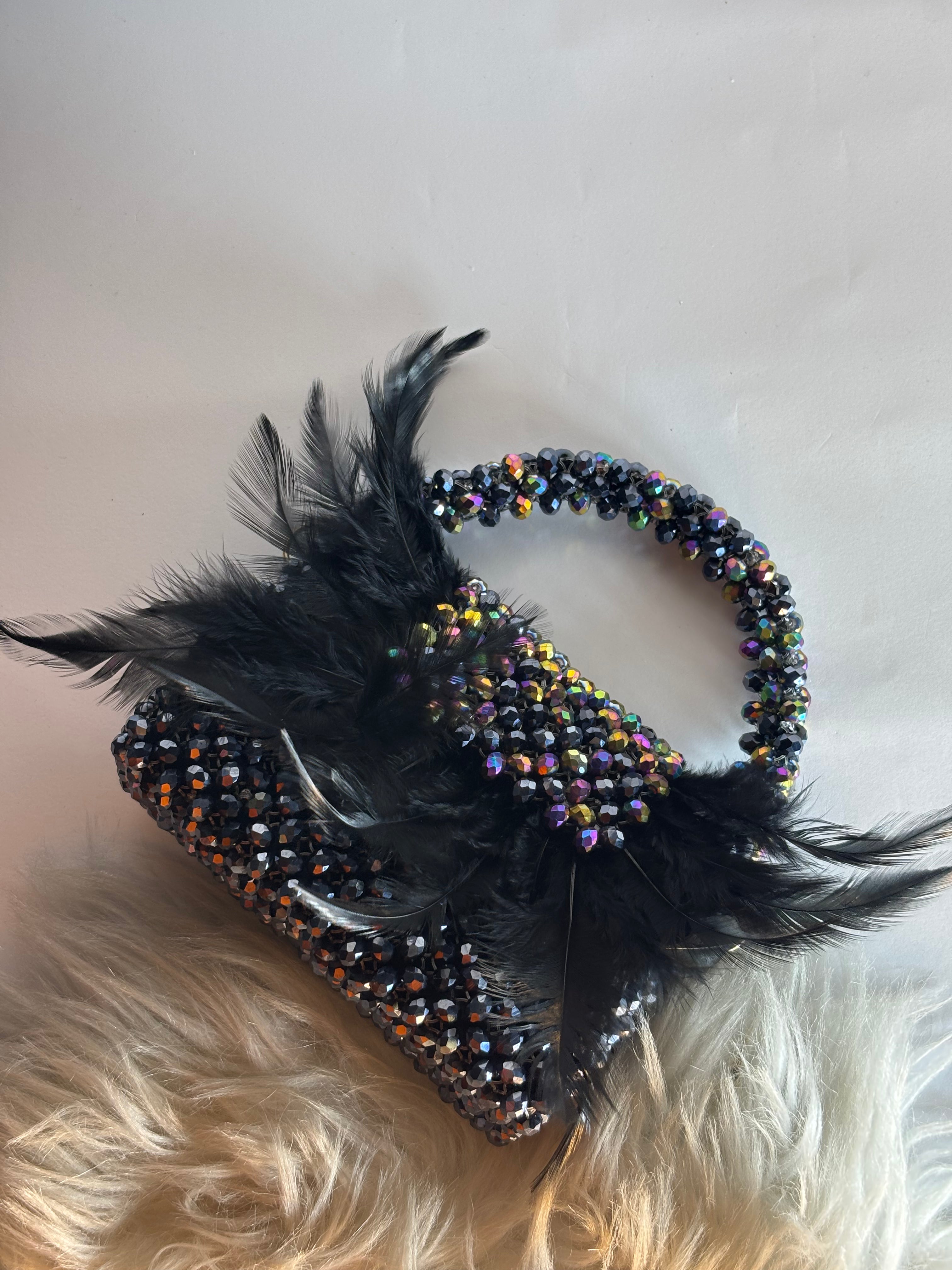 Black Crystal Beaded Feather Embellished Party Bag – Glam Statement Piece