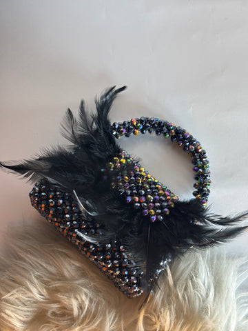 Black Crystal Beaded Feather Embellished Party Bag – Glam Statement Piece