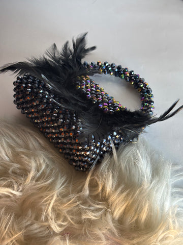 Black Crystal Beaded Feather Embellished Party Bag – Glam Statement Piece
