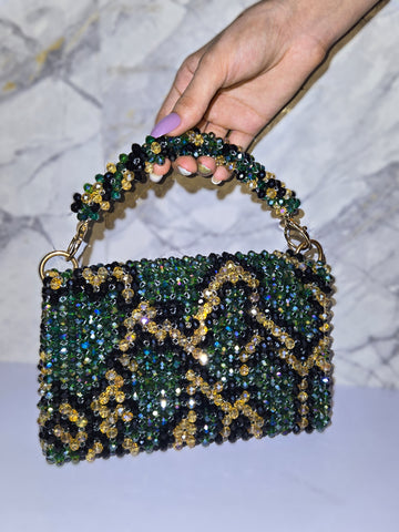 Emerald Green & Gold Hand-Beaded Top Handle Bag – Statement Sparkle