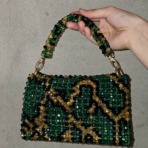 Emerald Green & Gold Hand-Beaded Top Handle Bag – Statement Sparkle