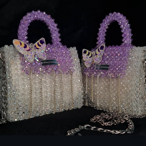 Crystal Butterfly Beaded Handbag – Lavender Glam with Tassel Detailing