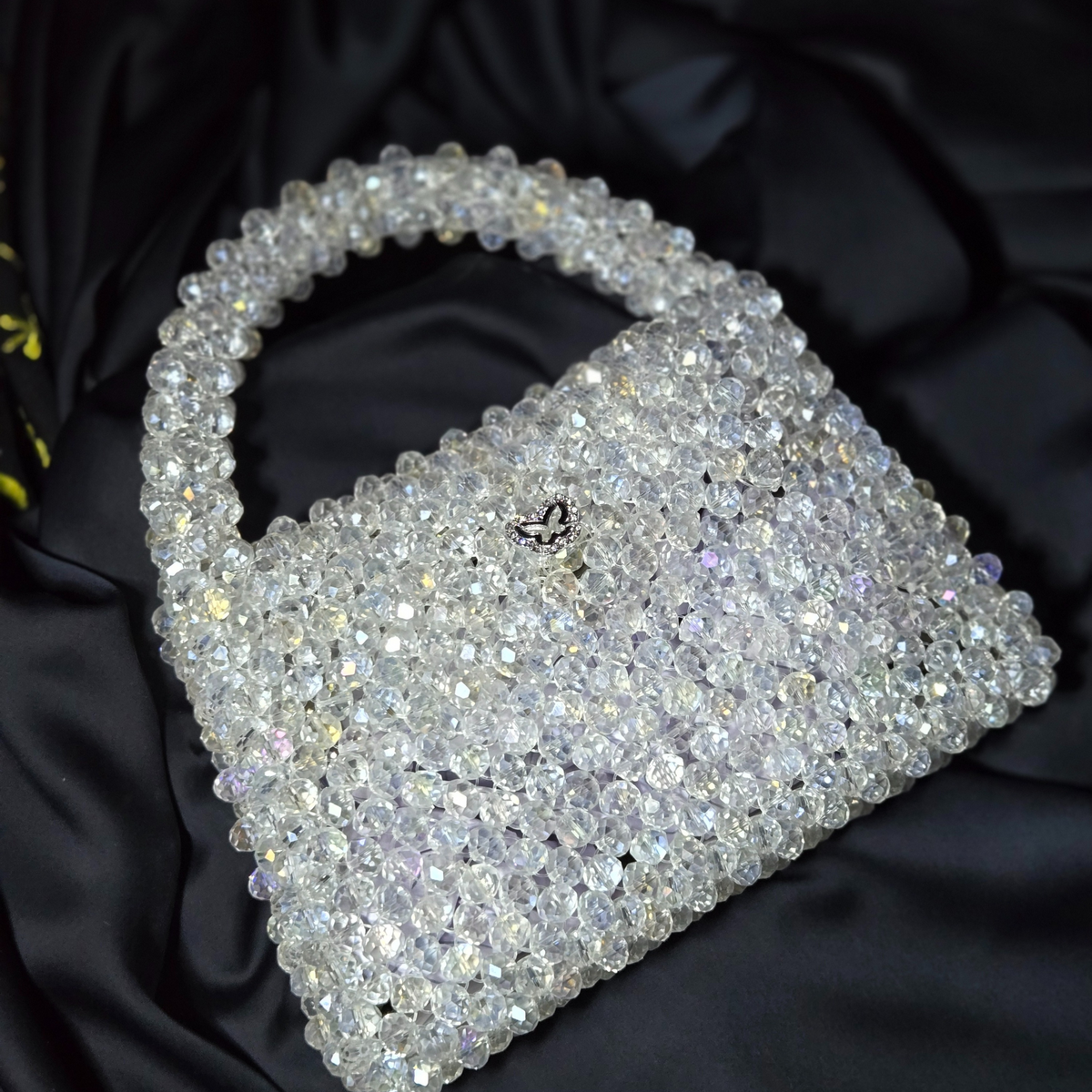 Handcrafted Crystal Beaded Top Handle Bag – Iridescent Elegance