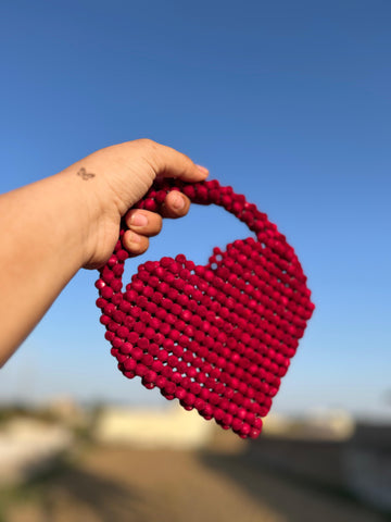 Handcrafted Deep Red Beaded Heart-Shaped Bagc