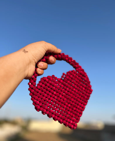 Handcrafted Deep Red Beaded Heart-Shaped Bagc